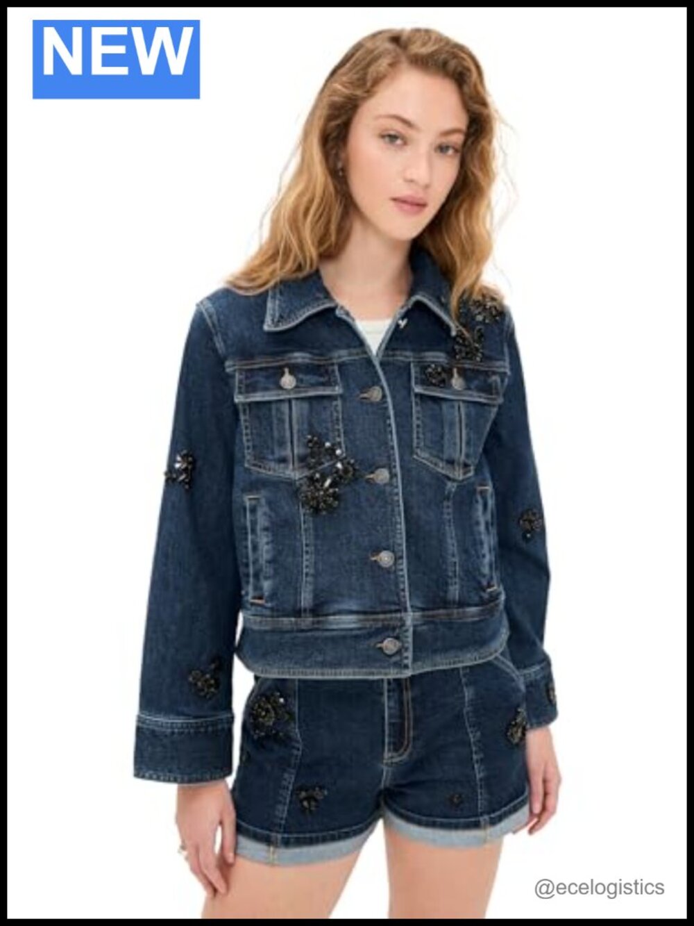 Cinq à Sept Embellished Denim Jacket Women's Casual Overcoat Long Sleeve Buttons